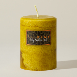 Gold Holy Basil & Mint pillar candle by Alchemy Candles
