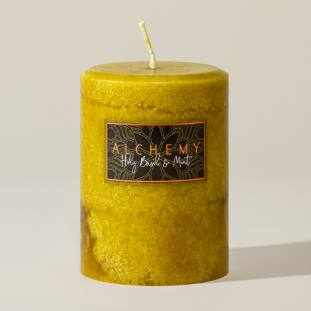 Gold Holy Basil & Mint pillar candle by Alchemy Candles